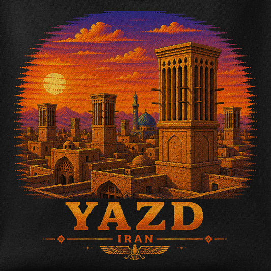 Close-up of the Yazd Windcatchers - Pixel Art print showing ink detail on the fabric