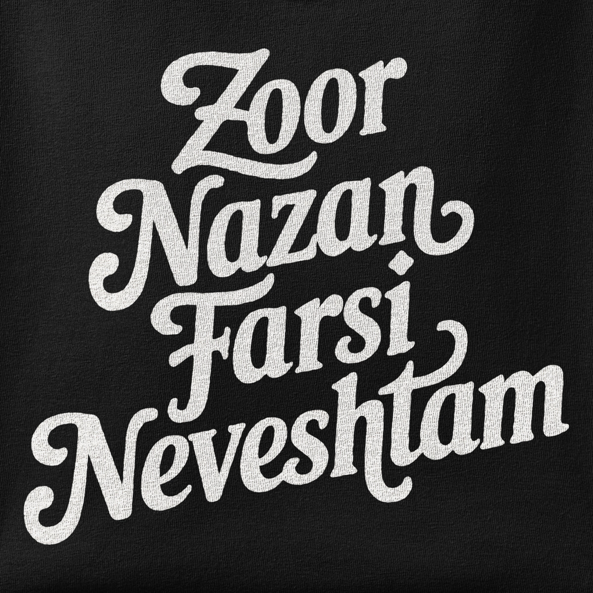 Close-up of the Zoor Nazan Farsi Neveshtam print showing ink detail on the fabric