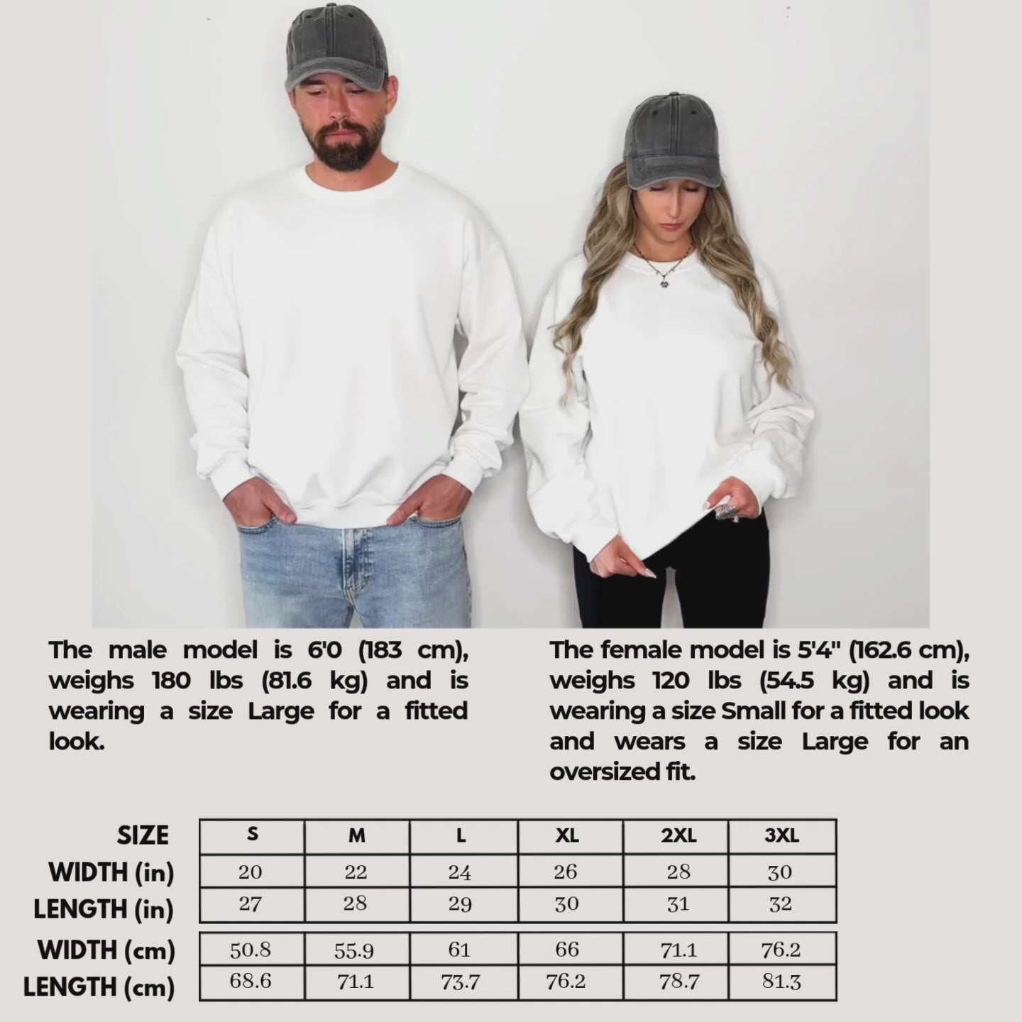 Sweatshirt size chart video: measurements by size